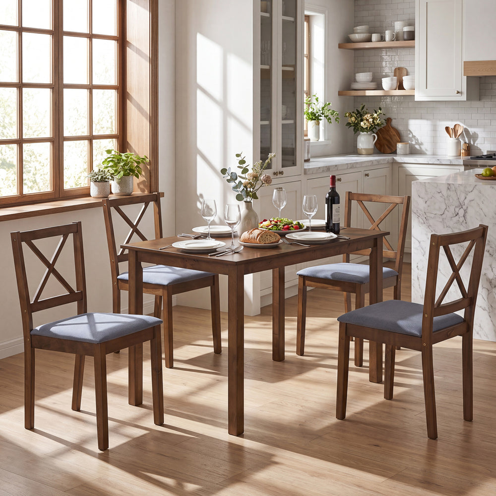 Solid rubber wood dining chair with gray fabric upholstery and supportive backrest, ideal for small space dining.