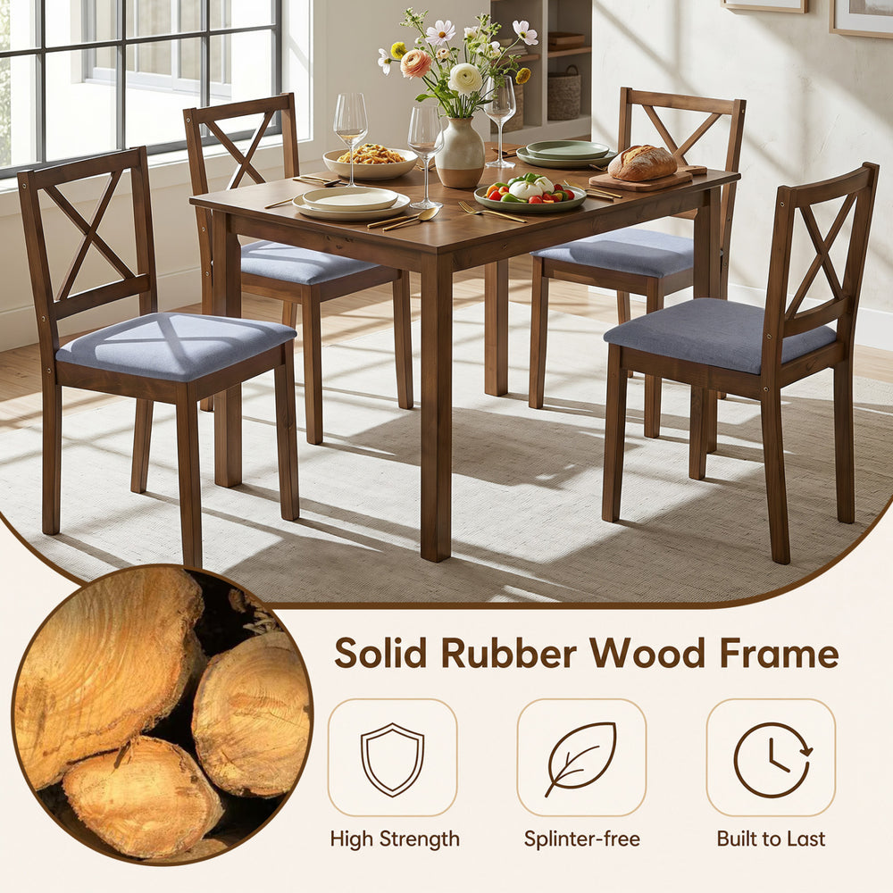 5-piece dining set featuring a solid rubber wood frame and fabric chairs, perfect for small spaces and versatile occasions.