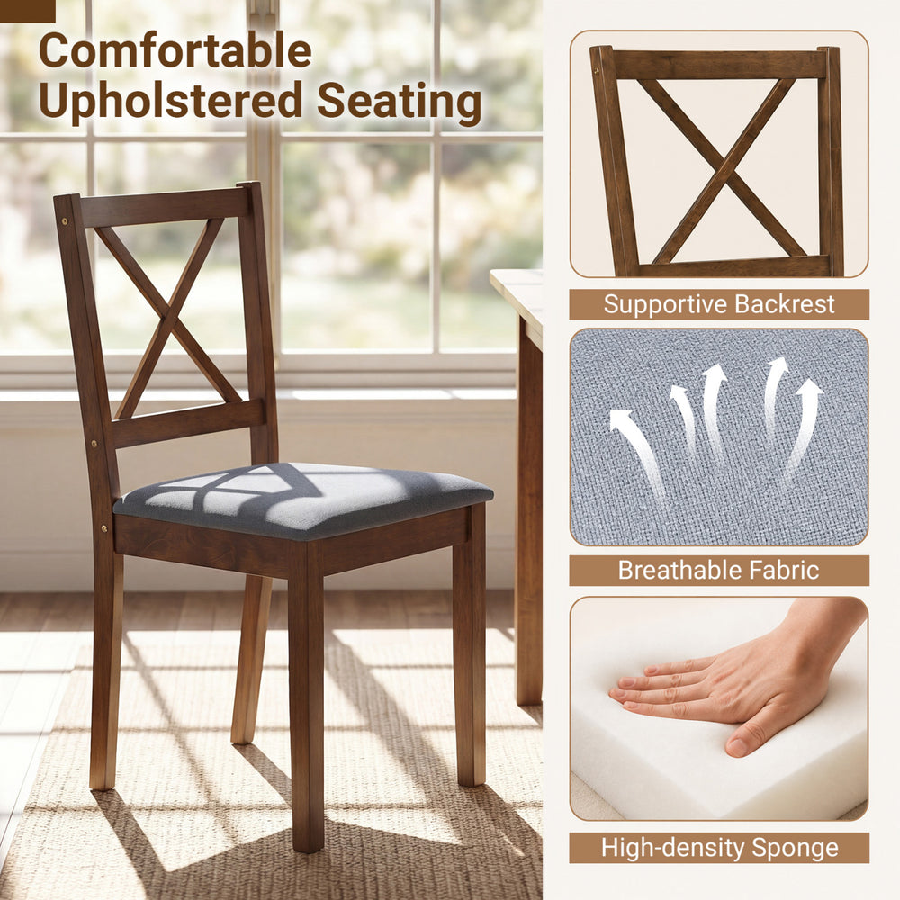 Gray upholstered dining chair with supportive backrest and solid rubber wood frame, perfect for small spaces.