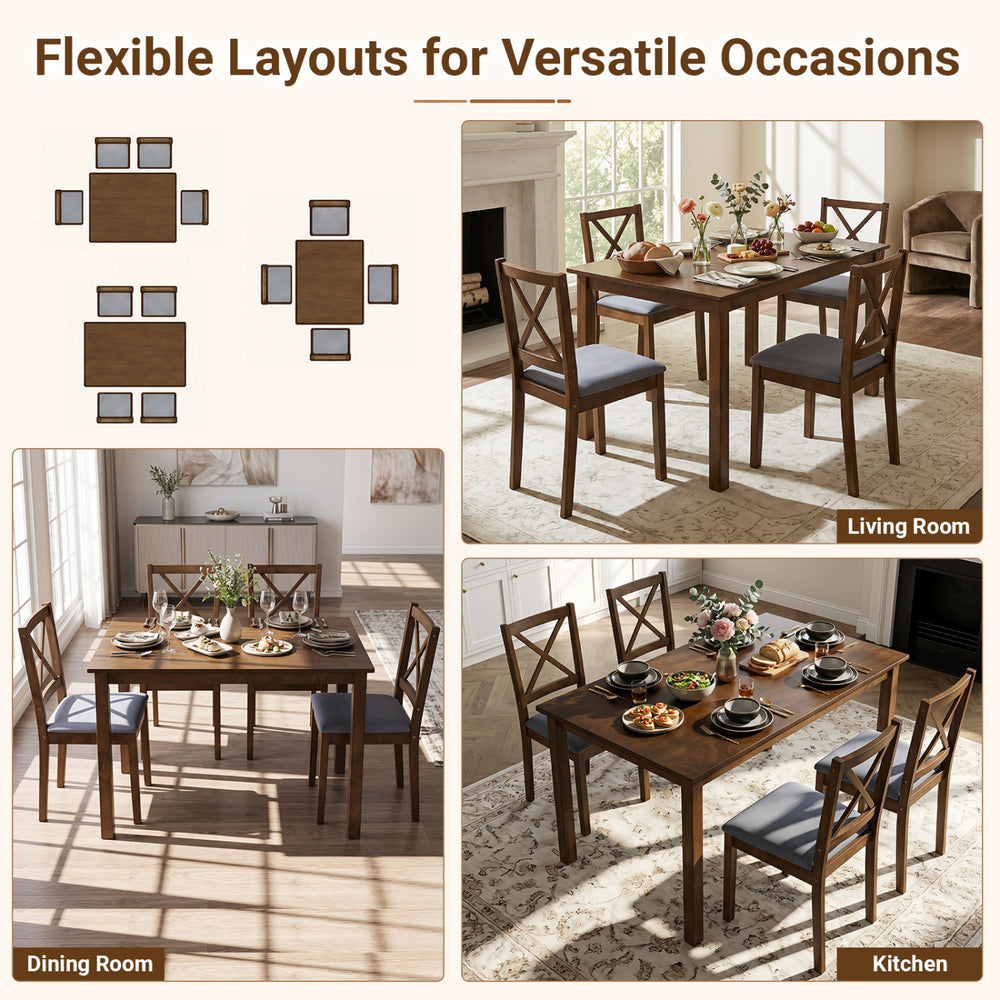 5-piece dining set featuring a rectangular table and fabric chairs, perfect for small spaces in kitchens or dining rooms.