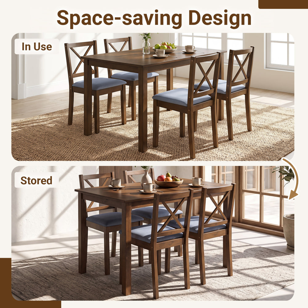 5-piece dining set featuring a rectangular table and fabric chairs, designed for small spaces with a classic vintage look.