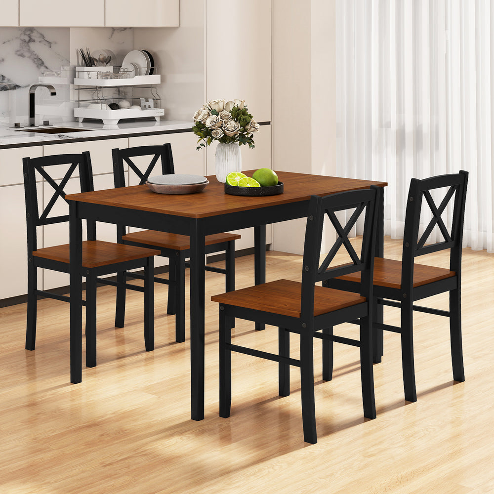 5-piece dining table set featuring a rectangular acacia wood tabletop and 4 ergonomic chairs for kitchen use.
