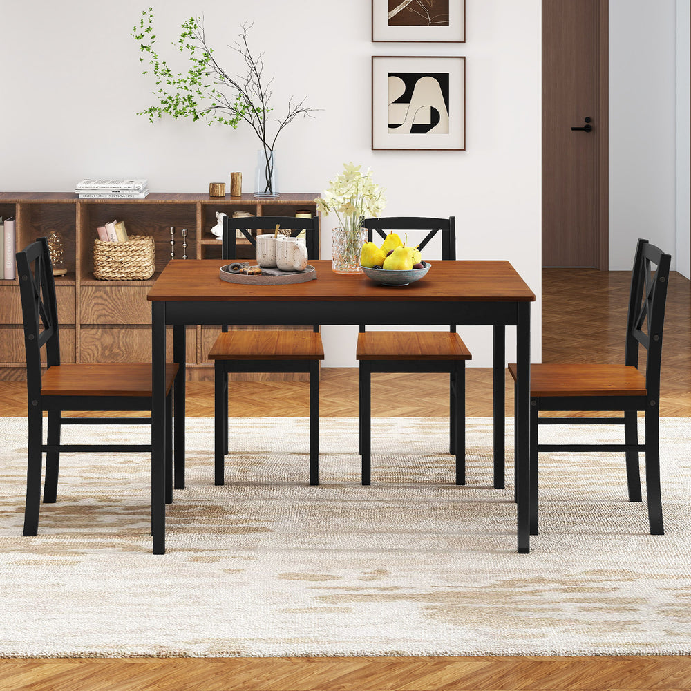5-piece dining table set featuring a rectangular acacia wood tabletop and 4 ergonomic chairs for stylish dining.
