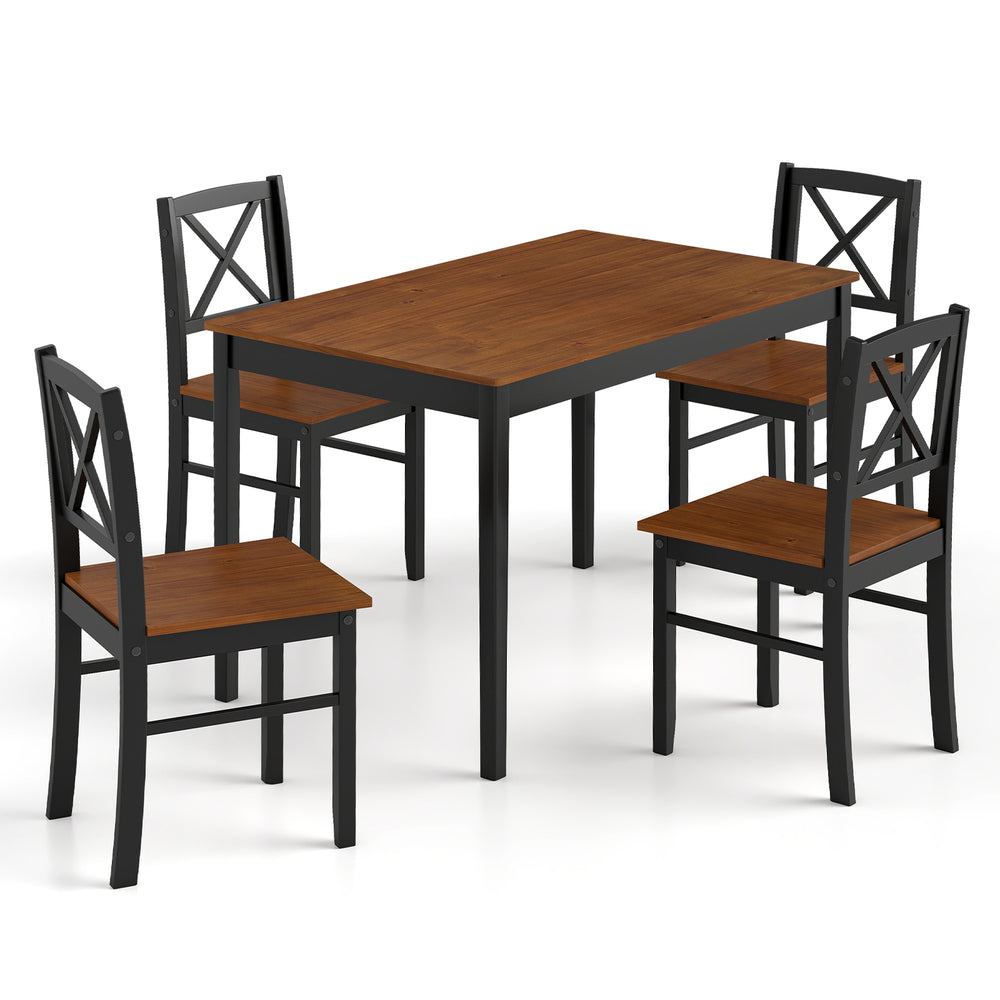 5-piece dining table set with a rectangular acacia wood tabletop and 4 ergonomic chairs for kitchen or dining room use.