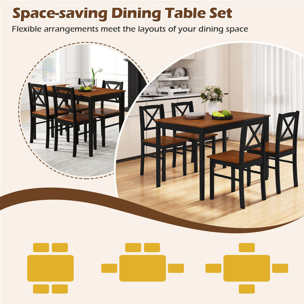 5-piece dining table set featuring a rectangular acacia wood tabletop and 4 ergonomic chairs for space-saving dining.