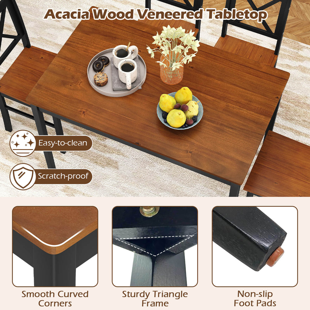 Rectangular acacia wood veneered tabletop dining set with 4 chairs, featuring smooth corners and sturdy rubber wood.