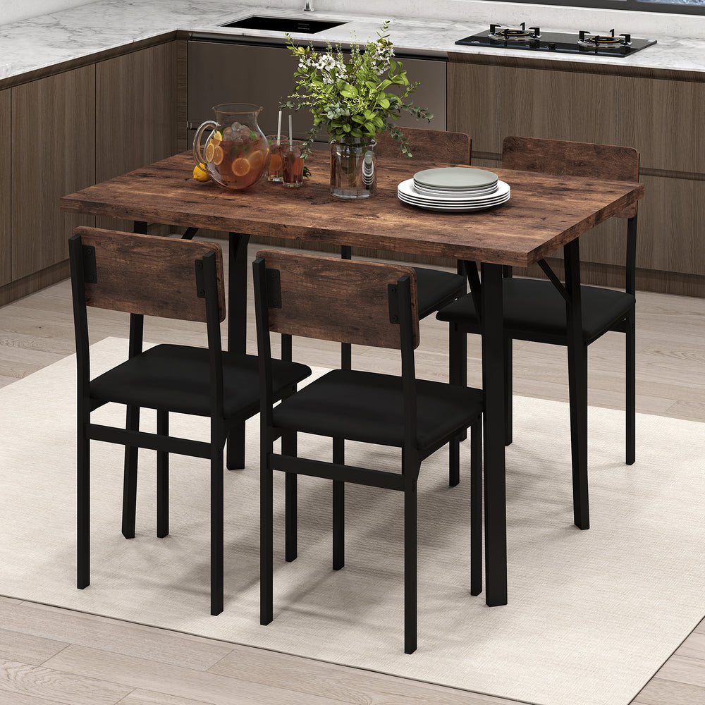 5-piece industrial dining table set with brown veneered MDF top and 4 PU leather chairs, perfect for small spaces.