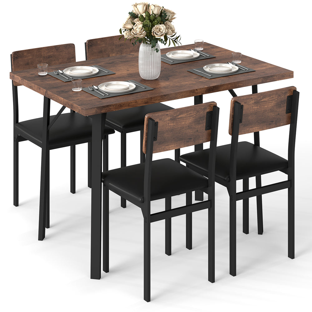 5-piece industrial dining table set with brown veneered MDF tabletop and 4 PU leather chairs, perfect for small spaces.