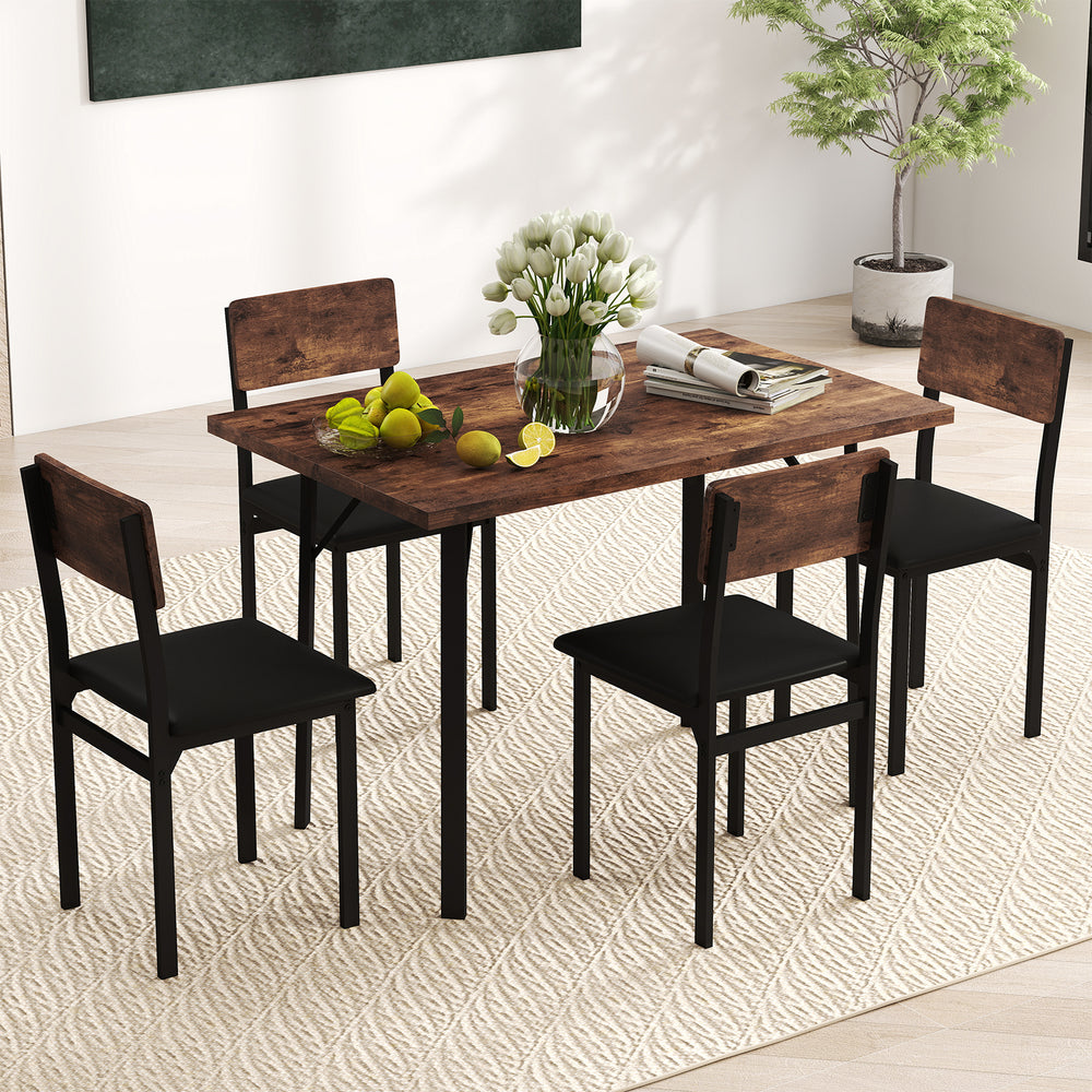 Industrial dining table set showcasing a brown veneered MDF top with four PU leather chairs, perfect for cozy.