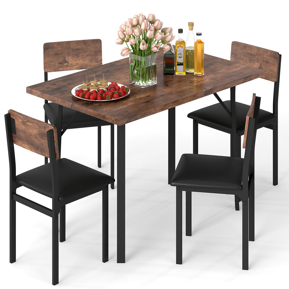 5-piece dining table set featuring a brown veneered MDF tabletop and 4 PU leather chairs, ideal for small spaces.