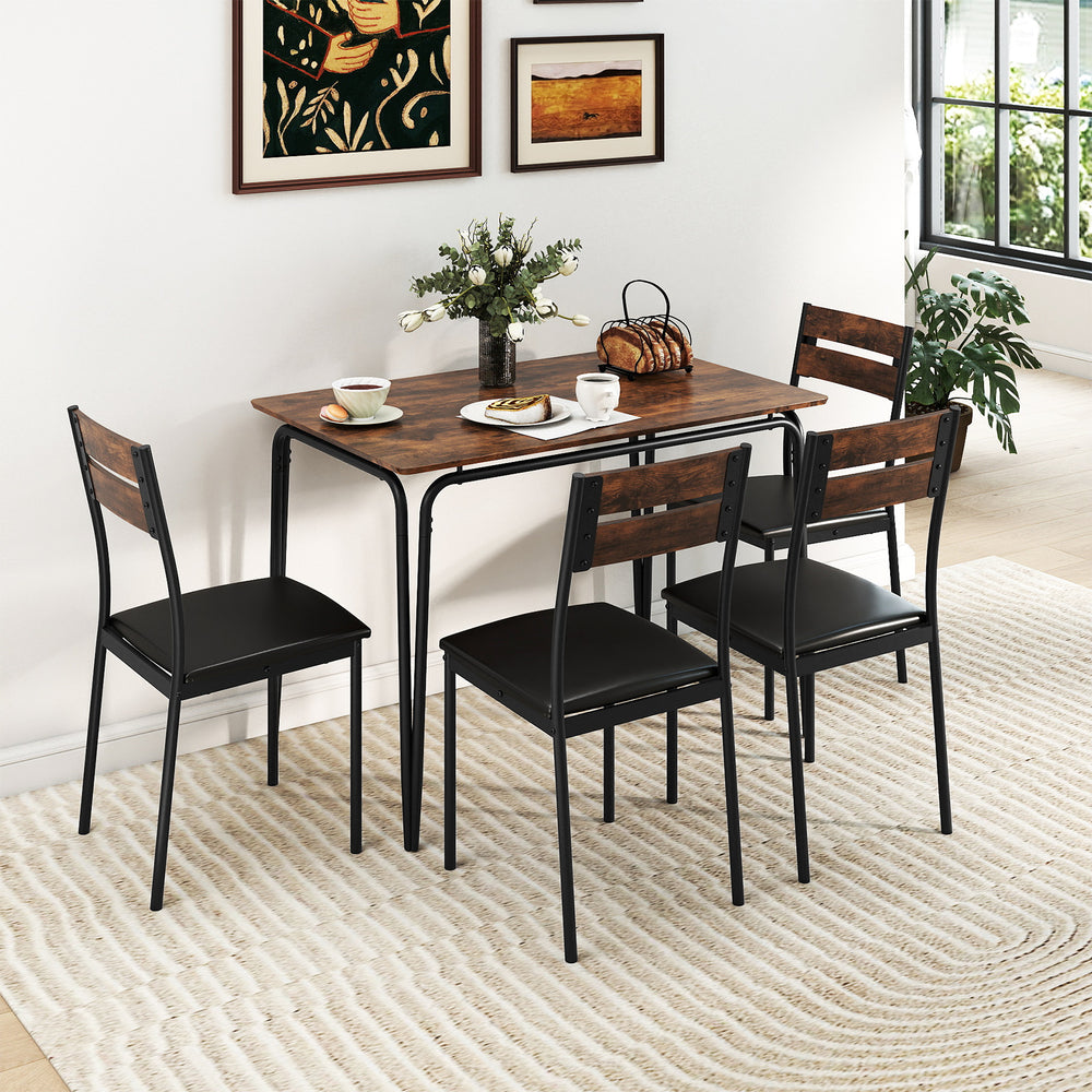 5-piece dining table set featuring a rustic brown tabletop and four armless chairs, perfect for kitchen or living room.