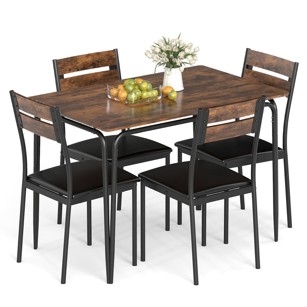 5-piece industrial dining table set with rustic brown tabletop and four armless chairs, perfect for kitchen or living.