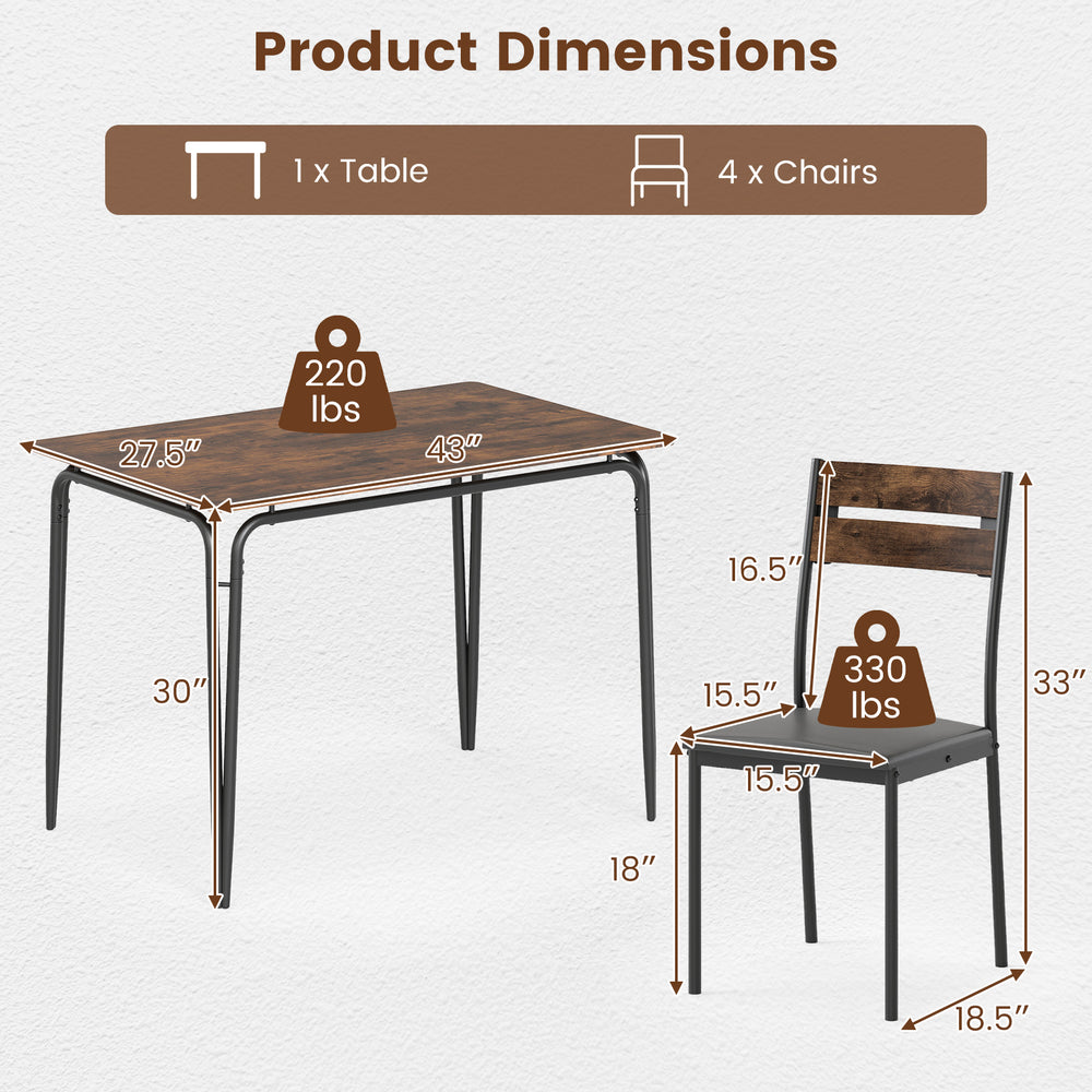 Dimensions of the 5-piece dining table set with rustic brown finish, featuring a table and 4 armless chairs for.