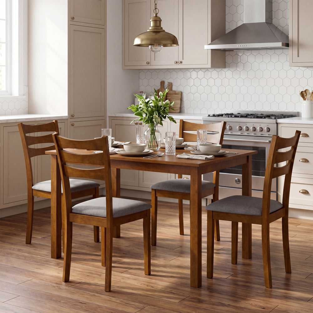 5-Piece Dining Table Set with Linen Fabric Upholstered Chairs and Solid Rubber Wood Frame for 4 People - Gallery View 3 of 10