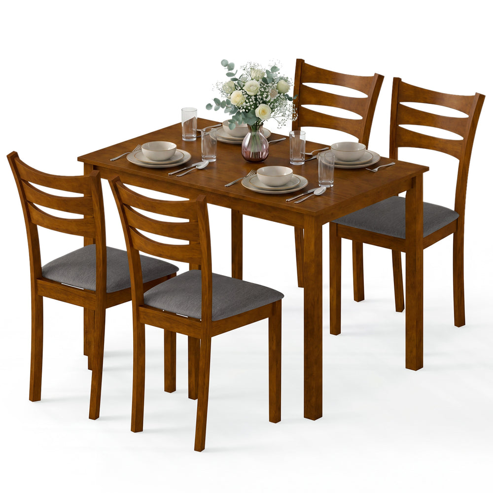 5-Piece Dining Table Set with Linen Fabric Upholstered Chairs and Solid Rubber Wood Frame for 4 People - Gallery View 4 of 10