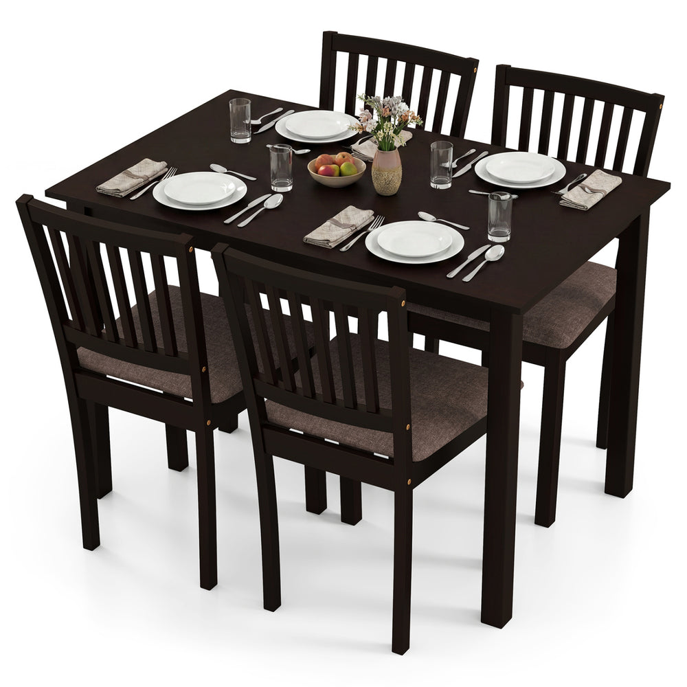 5-piece dark brown dining table set featuring a rectangular table and 4 upholstered chairs, perfect for family meals.