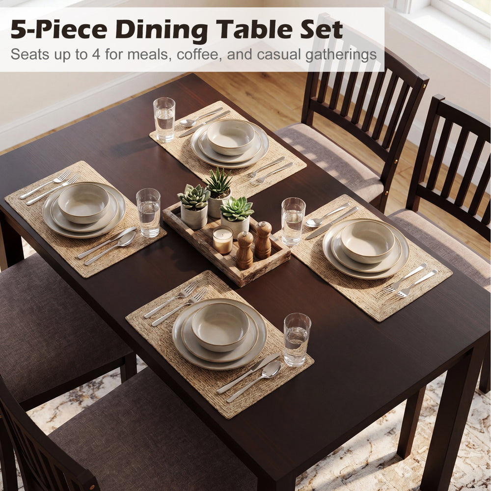 5-piece dining table set featuring a dark brown rectangular table and 4 upholstered chairs, perfect for meals and.