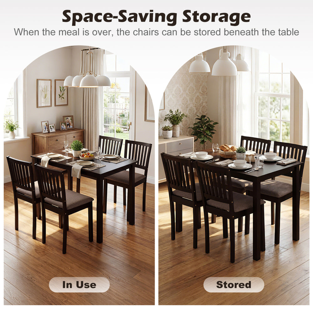 5-piece dark brown dining table set with 4 upholstered chairs, shown in use and stored beneath the table for.