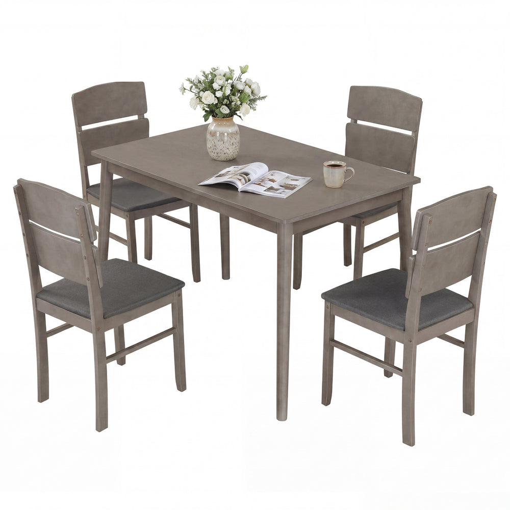 5-piece gray dining table set with high curved backs, featuring padded chairs and a waterproof MDF tabletop for family.