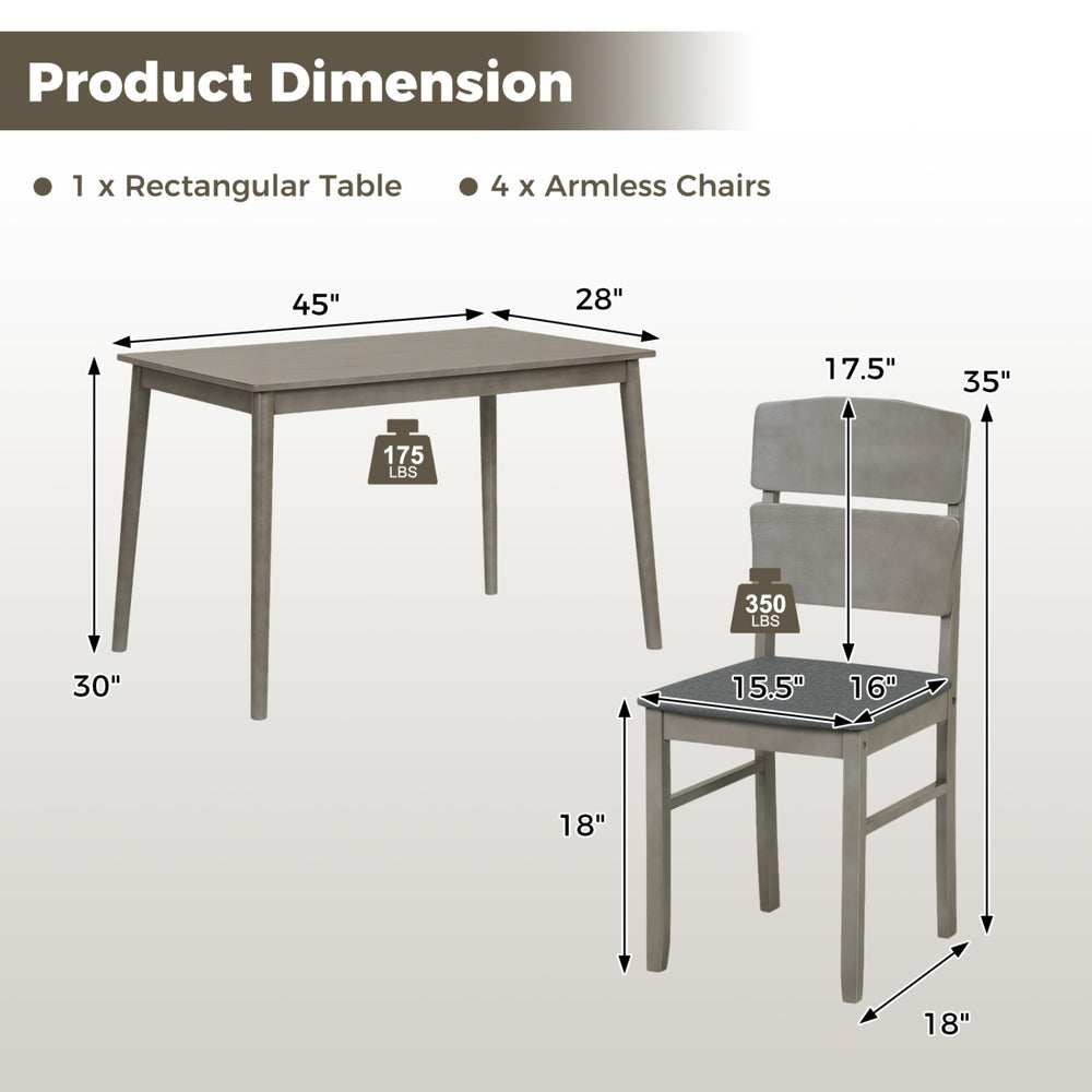 Dimensions of the 5-piece gray dining table set with 1 rectangular table and 4 armless chairs for versatile seating.