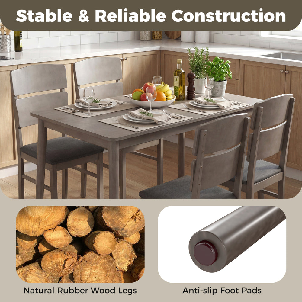 5-piece gray dining table set featuring rubber wood legs and padded chairs, perfect for family dinners and gatherings.