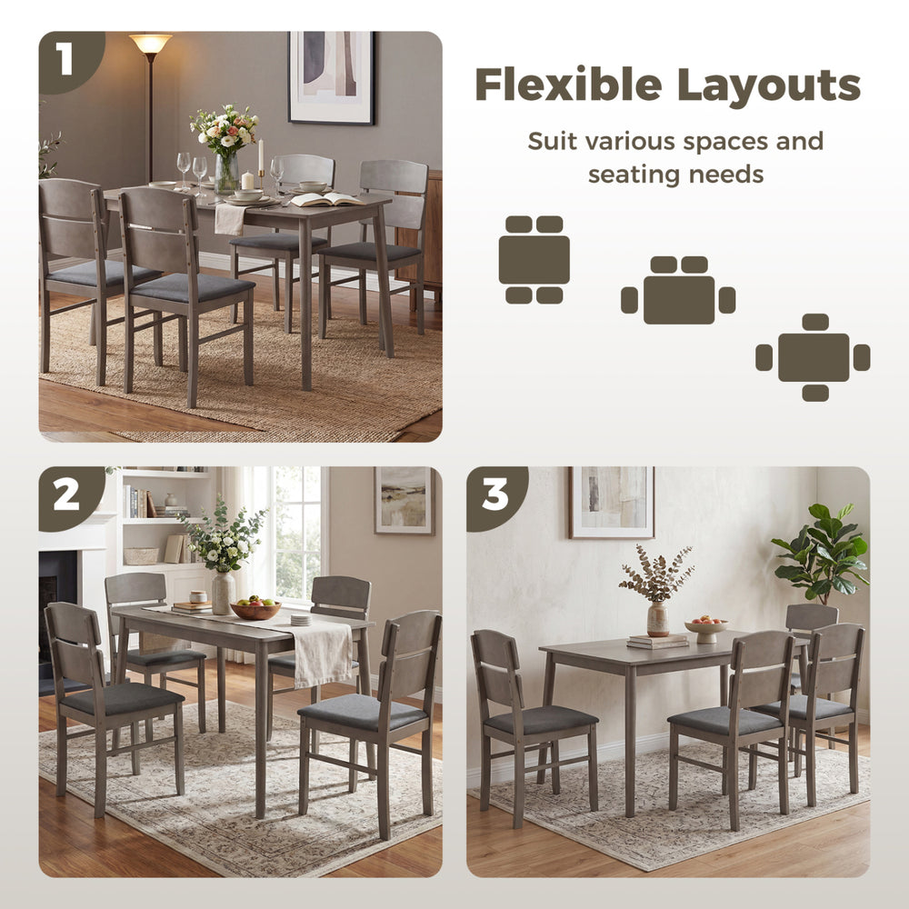 5-piece gray dining table set with high curved backs, featuring flexible layouts for various spaces and seating needs.