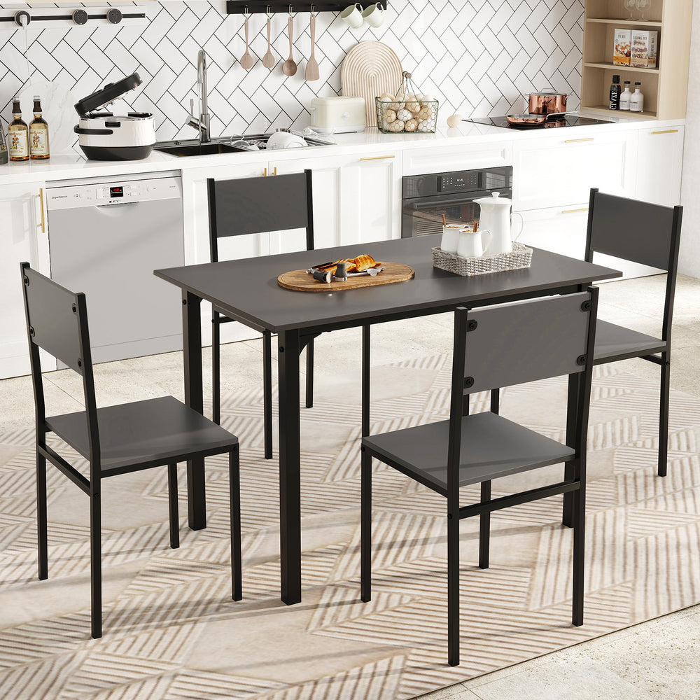 5-piece industrial style dining table set in grey, featuring a spacious table and four ergonomic chairs for versatile.