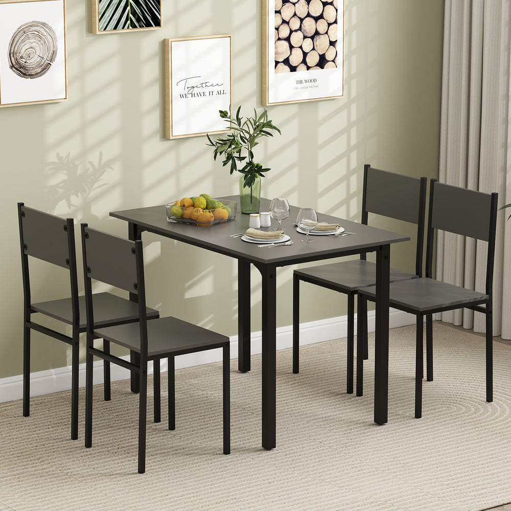 Grey dining table set for 4 with ergonomic chairs, showcasing an elegant grain and industrial style for any decor.