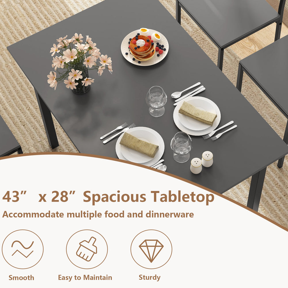 Spacious 43"x28" grey dining table set for 4, featuring sturdy metal frame and easy-to-maintain MDF surface.