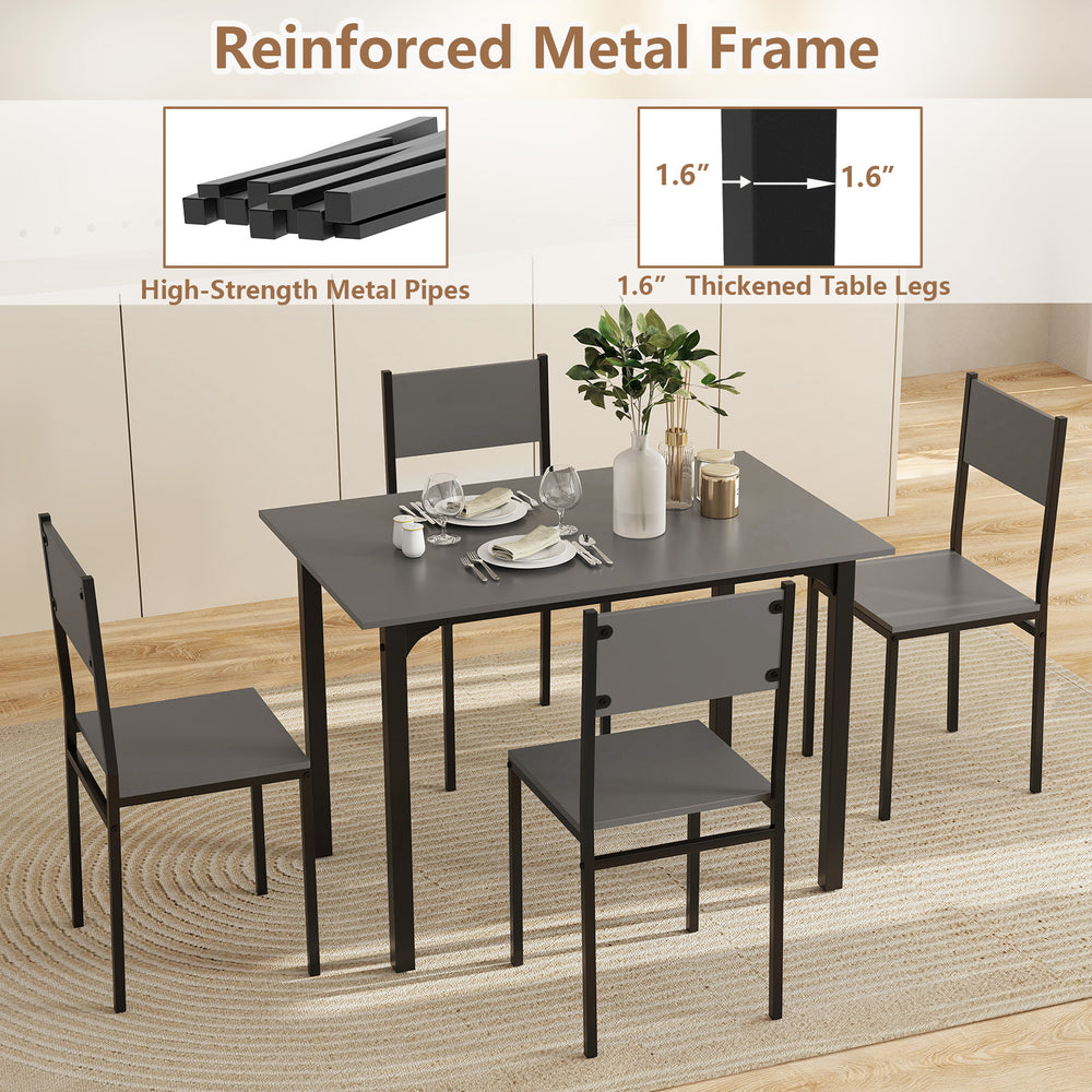 5-piece grey dining table set with ergonomic chairs, featuring a reinforced metal frame for stability and space-saving.