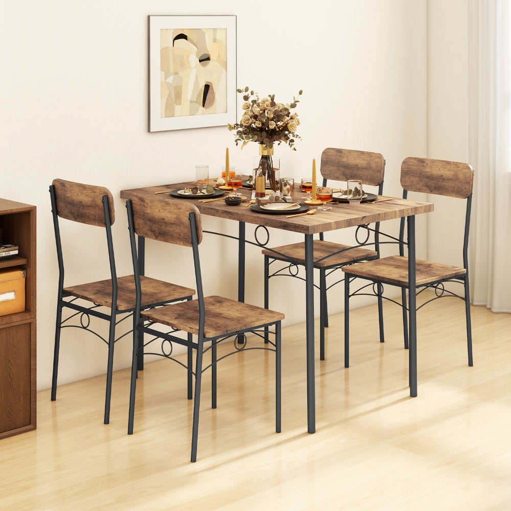 5-piece industrial dining table set in brown with 4 chairs, perfect for small apartments and gatherings.