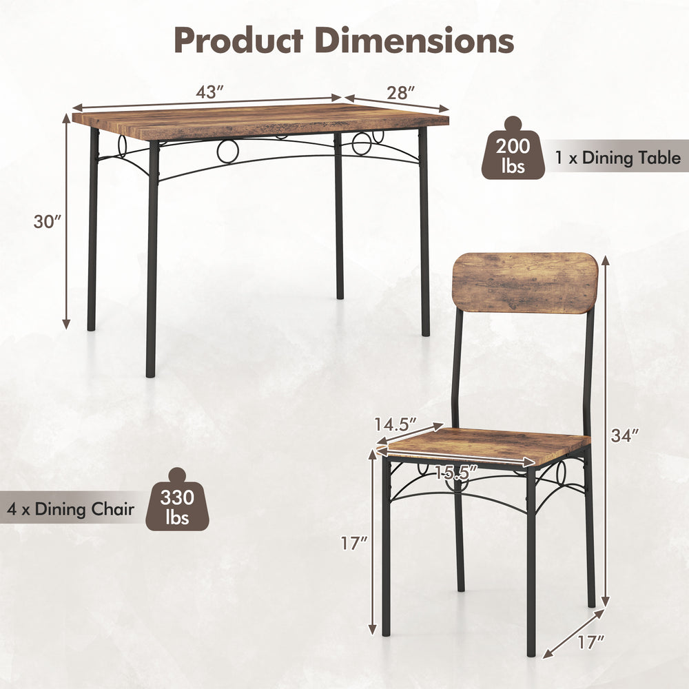 Dimensions of the 5-piece industrial dining table set with brown veneered MDF top and metal legs for small spaces.