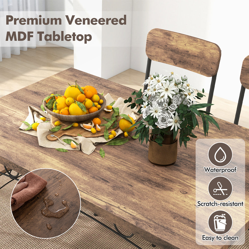 Brown veneered MDF tabletop with waterproof surface, featuring a 5-piece industrial dining set for small spaces.