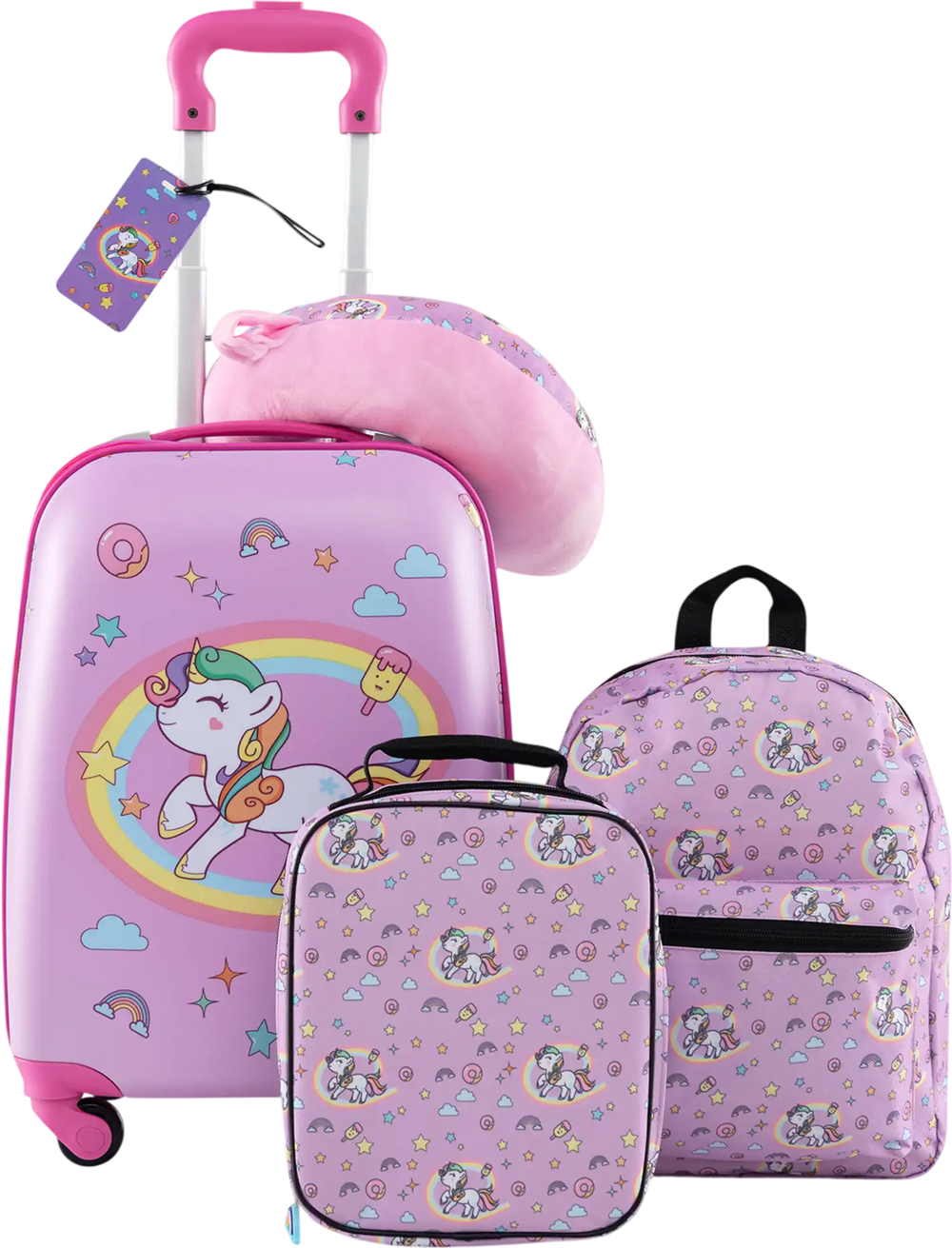 Kids 5-piece luggage set in hot pink featuring a suitcase, backpack, lunch bag, neck pillow, and name tag with unicorn.