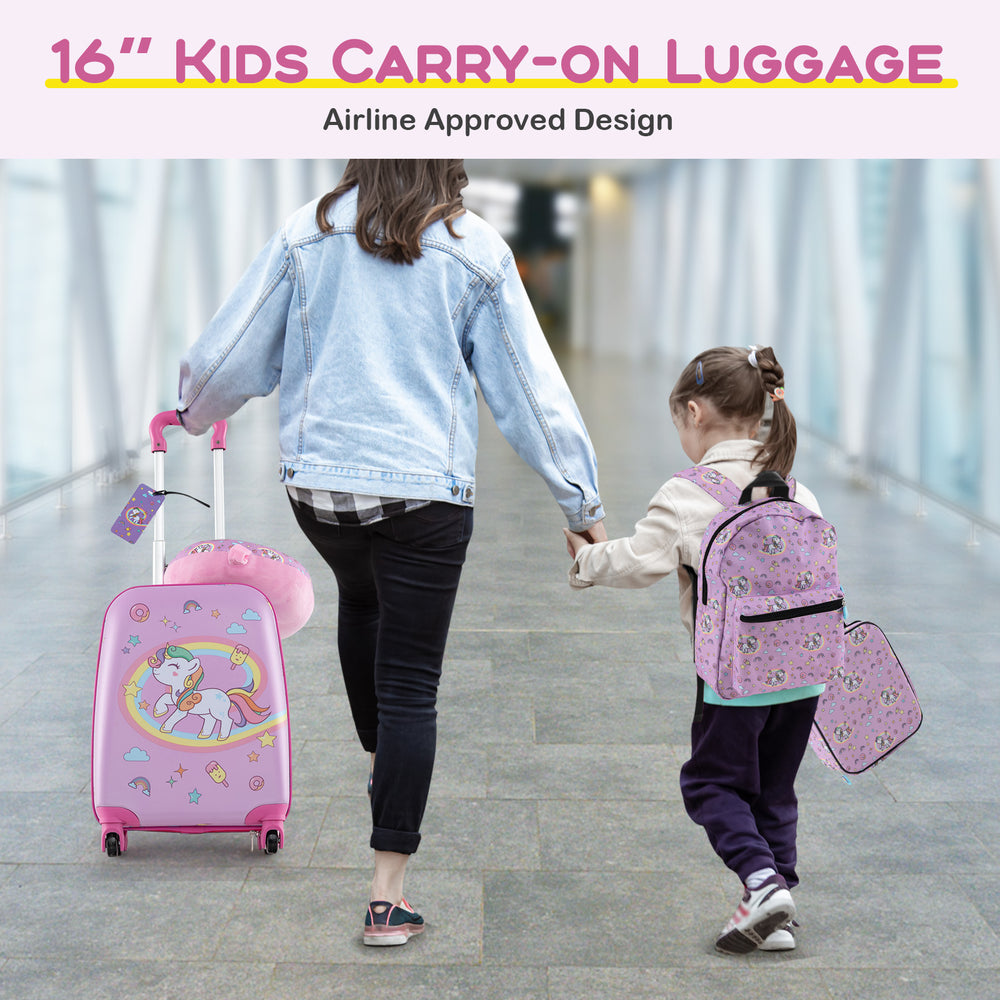 Kids' 16" pink carry-on suitcase with backpack, neck pillow, and lunch bag, perfect for travel and organized packing.
