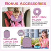 Cozy neck pillow and insulated lunch bag from the 5 Piece Kids Luggage Set in hot pink, perfect for travel comfort.