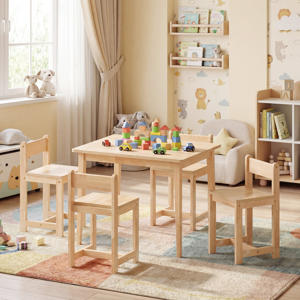 5-Piece Kids Table and Chairs Set Solid Rubber Wood Toddler Activity Table-Natural - Gallery View 1 of 11