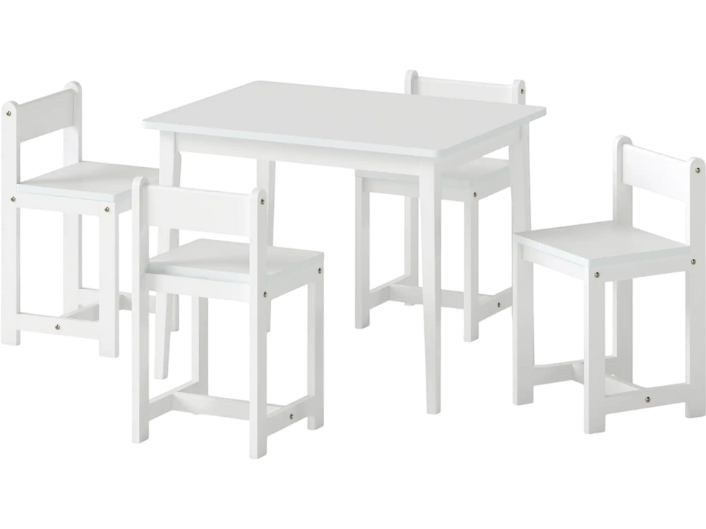5-piece kids table and chairs set in white, made of solid rubber wood, perfect for playrooms and toddler activities.