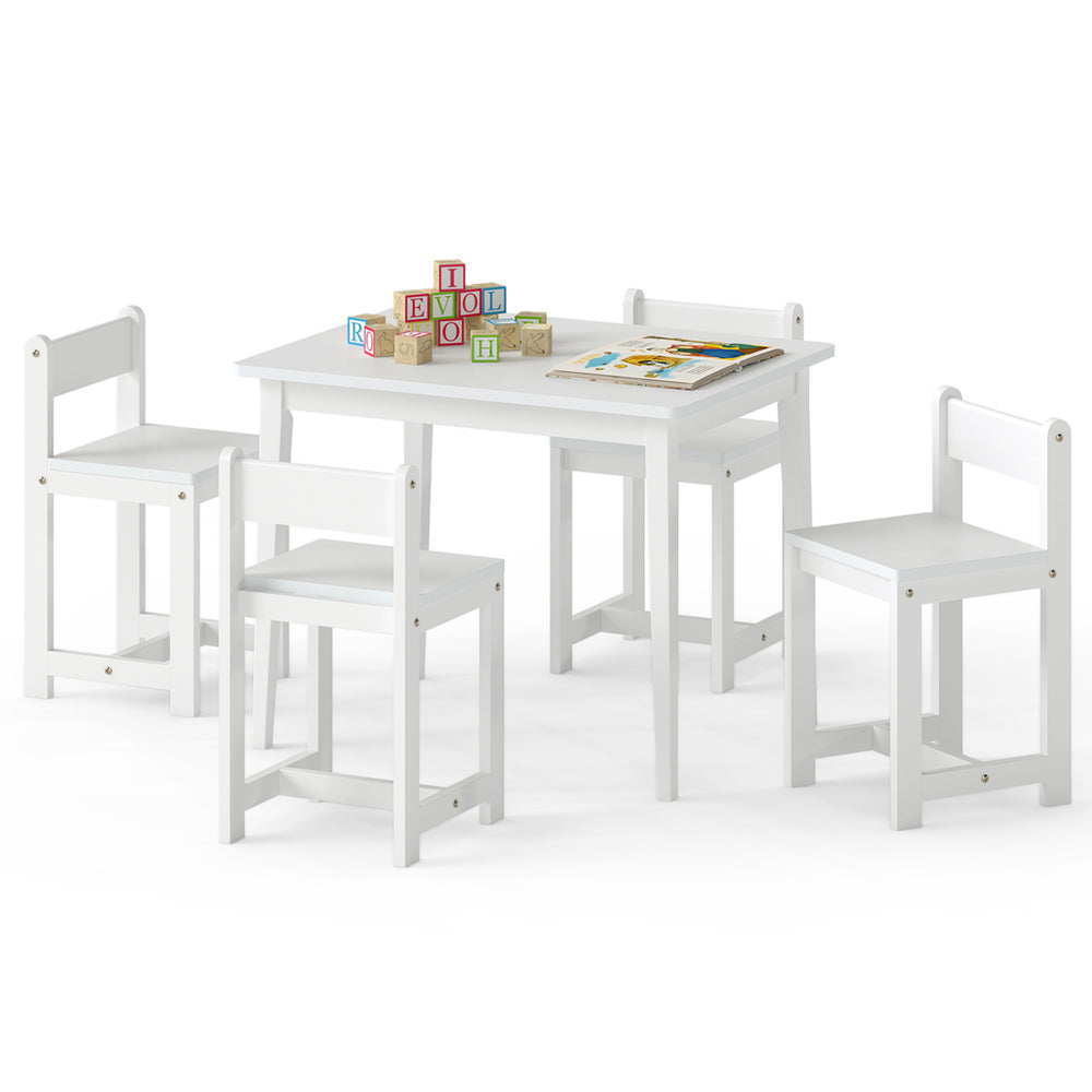 5-piece kids table and chairs set in white, made of solid rubber wood, perfect for playrooms and activities.