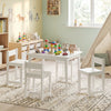Children's white activity table and chairs set made of solid rubber wood, designed for comfort and safety in playrooms.