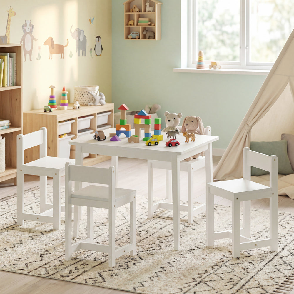 Children's white activity table and chairs set made of solid rubber wood, designed for comfort and safety in playrooms.