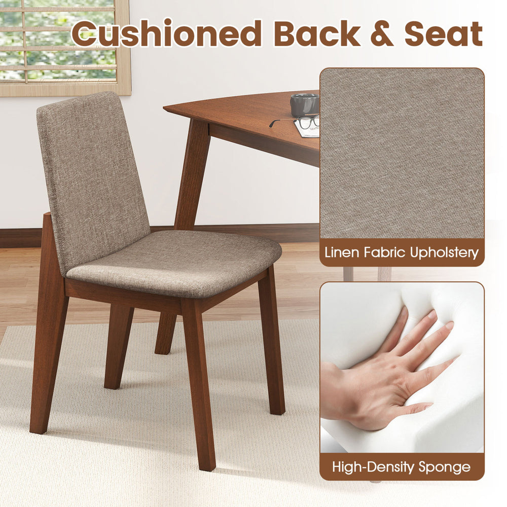 Light brown upholstered chair with padded backrest and seat, featuring linen fabric for comfort and a sturdy rubber wood frame.