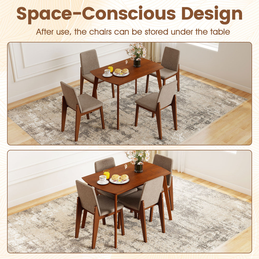 5-piece kitchen table set with light brown rubber wood frame and upholstered chairs, perfect for dining rooms and space-saving.