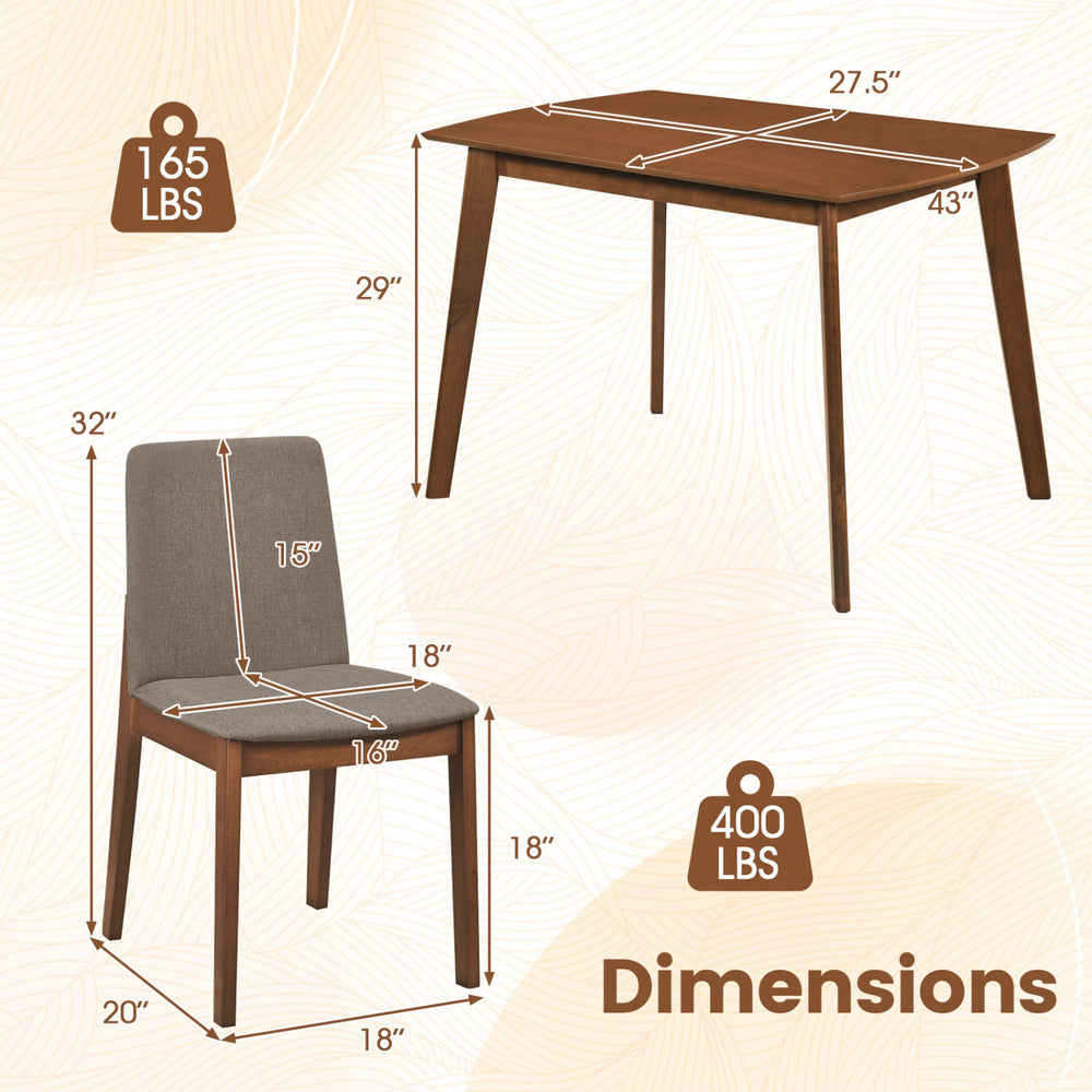 Light brown 5-piece kitchen table set with upholstered chairs, featuring padded seats and strong rubber wood frame for stability.