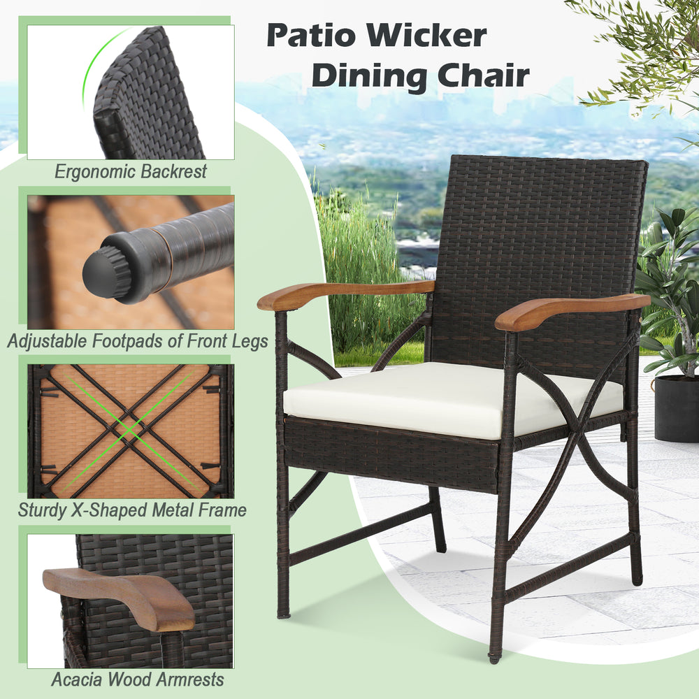 Patio wicker dining chair with acacia wood armrests, ergonomic backrest, and adjustable footpads for outdoor comfort.
