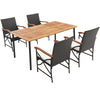 5-piece outdoor dining set featuring an acacia wood table and hand-woven PE rattan chairs with soft cushions for.