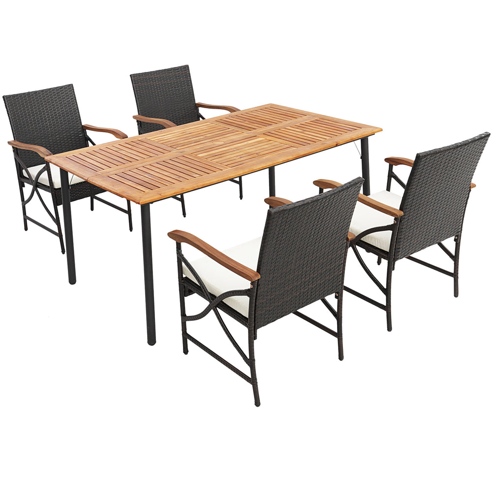 5-piece outdoor dining set featuring an acacia wood table and hand-woven PE rattan chairs with soft cushions for.