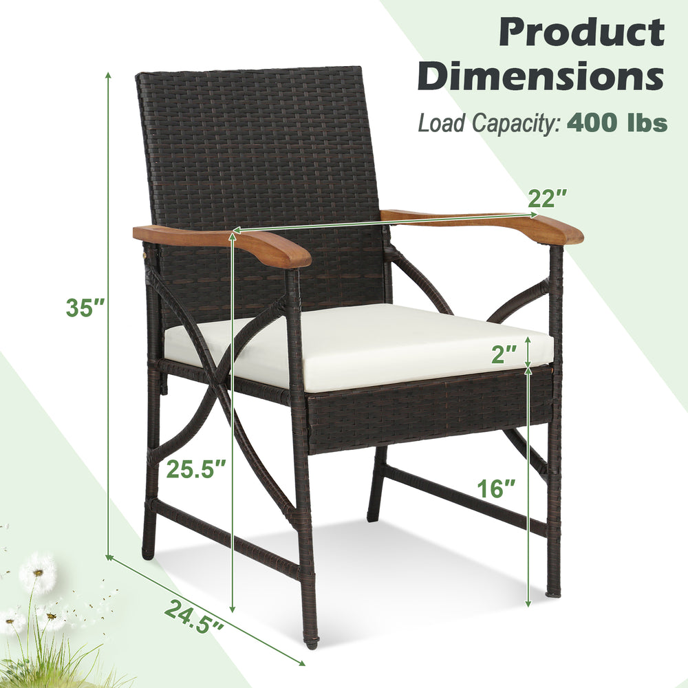Outdoor dining chair made of hand-woven PE rattan with acacia wood armrests, featuring ergonomic design and soft.