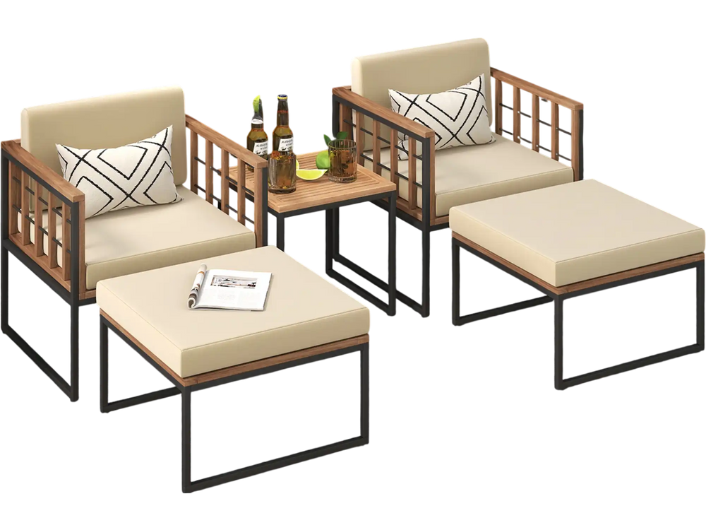 Elegant acacia wood chair set with beige cushions and metal frame, perfect for enhancing comfort in outdoor spaces.