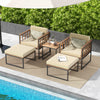 5-piece outdoor furniture set featuring acacia wood chairs, ottomans, and coffee table, perfect for poolside relaxation.